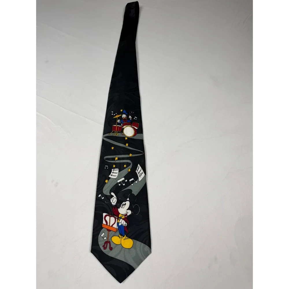 Vintage Mickey Unlimited Disney Mickey Donald Music Conductor Black Silk Tie USA